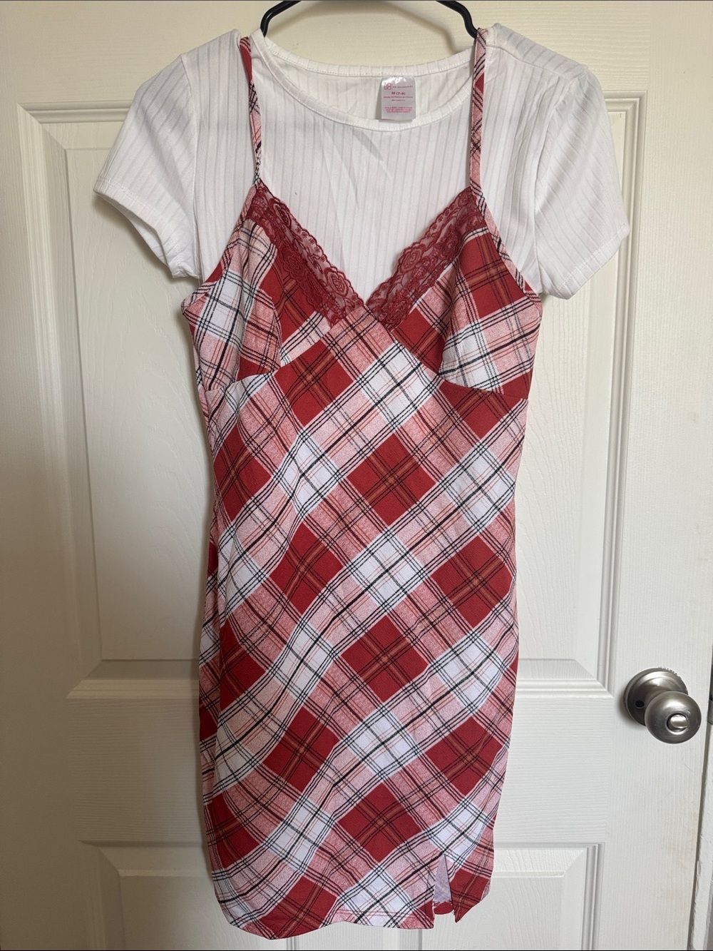 No Boundaries Red Plaid Lace-Trim Slip Dress